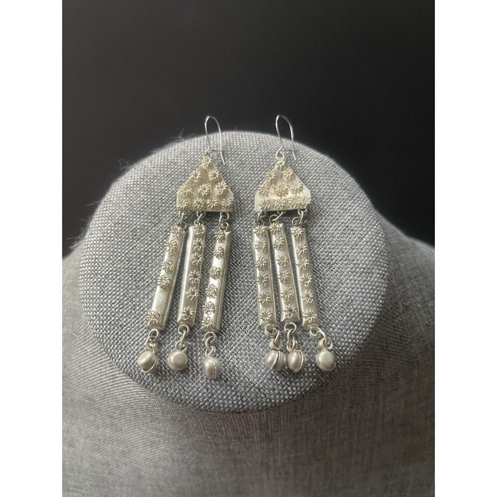 Vintage Silver Tone Dangle Earrings Bohemian Engraved Pierced Made In Thailand